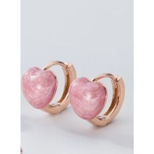 Pink Enamel Heart on Rose Vermeil Gold Huggie Earrings